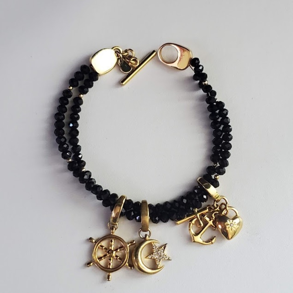 Spartina 449 Black Beaded Nautical Coastal Charm Bracelet Gold Tone Toggle 7in